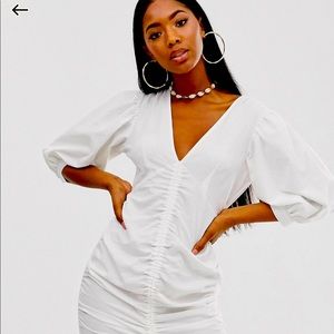 ASOS DESIGN Ruched Dress with Puffed Sleeves White